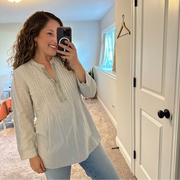 Chico’s Gray Linen Cotton Diamond Embellished Top Blouse 1 Medium - Picture 2 of 13